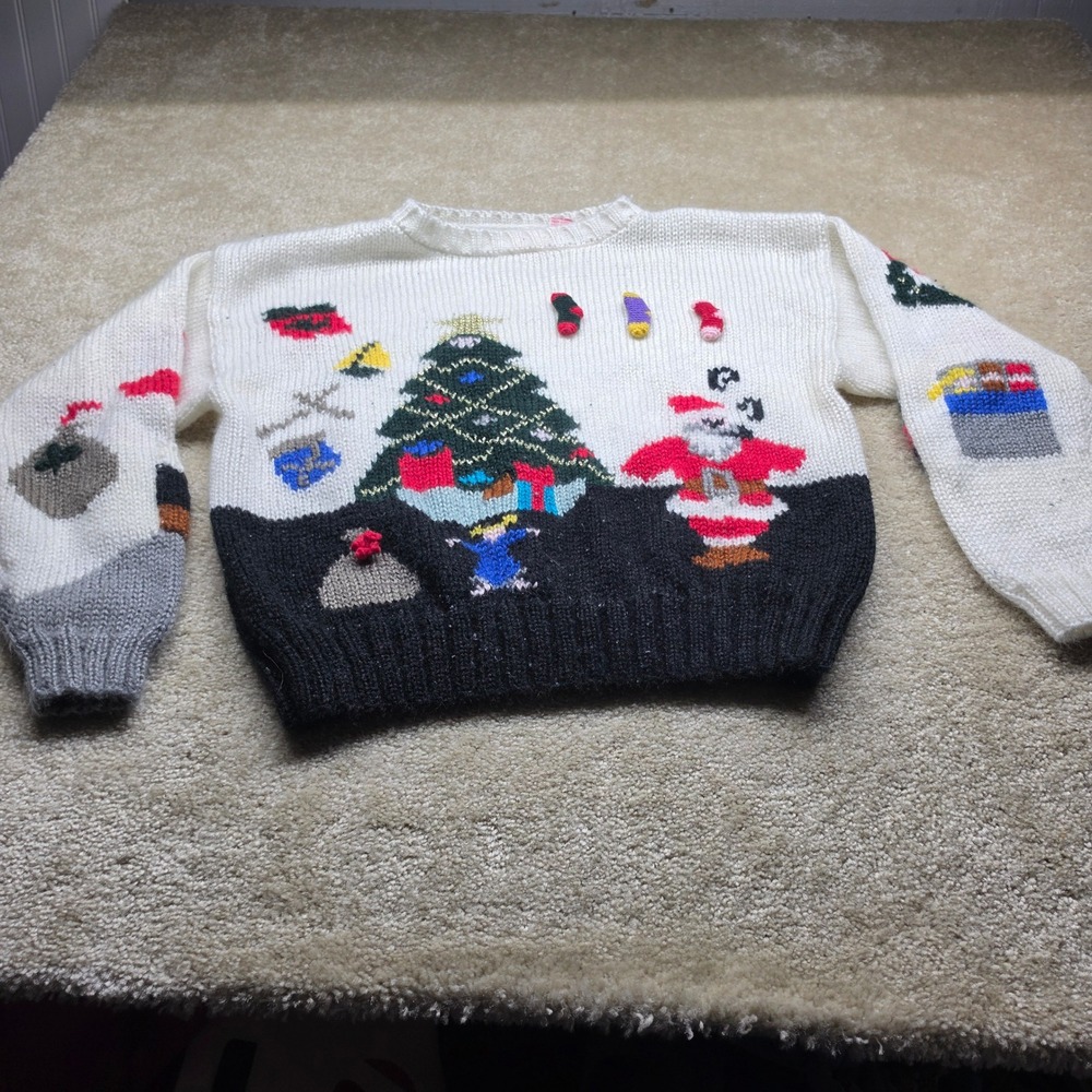 Vintage Christmas Sweater Santa Tree 3D Stockings Sleeve Pockets White Black